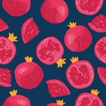 Vector summer pattern with pomegranates, flowers and leaves. Stock Illustration