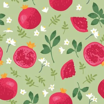Vector summer pattern with pomegranates, flowers and leaves. Stock Illustration
