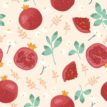 Vector summer pattern with pomegranates, flowers and leaves. Stock Illustration