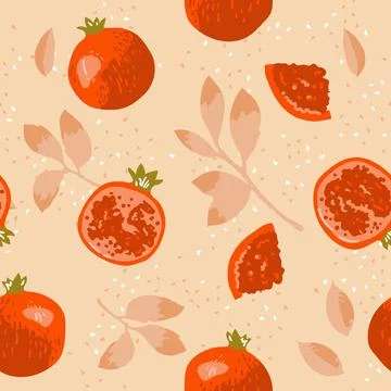 Vector summer pattern with pomegranates, flowers and leaves. Seamless texture Stock Illustration