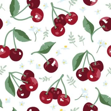 Vector summer pattern with sweet cherries, flowers and leaves. Stock Illustration