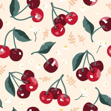 Vector summer pattern with sweet cherries, flowers and leaves. Illustrazione stock