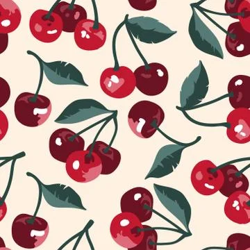 Vector summer pattern with sweet cherries and leaves. Seamless texture design. Illustrazione stock