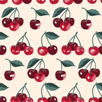 Vector summer pattern with sweet cherries and leaves. Seamless texture design. Illustrazione stock