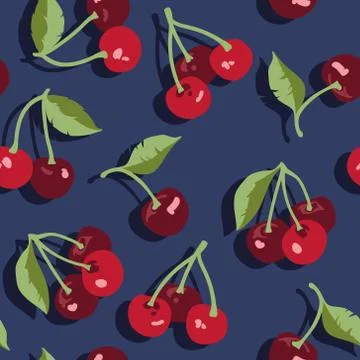 Vector summer pattern with sweet cherries and leaves. Seamless texture design Illustrazione stock