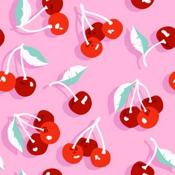 Vector summer pattern with sweet cherries and leaves. Seamless texture design Illustrazione stock