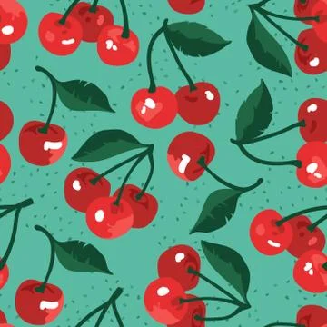 Vector summer pattern with sweet cherries and leaves. Seamless texture design 스톡 일러스트