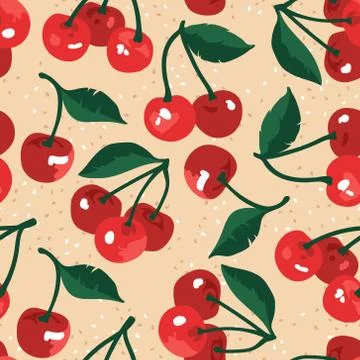 Vector summer pattern with sweet cherries and leaves. Seamless texture design Stock Illustration
