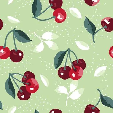 Vector summer pattern with sweet cherries, flowers and leaves. Illustrazione stock