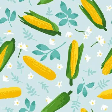 Vector summer pattern with sweet corns, flowers and leaves. Seamless texture  Stock Illustration