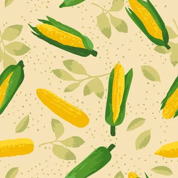 Vector summer pattern with sweet corns, flowers and leaves. Seamless texture  Illustrazione stock