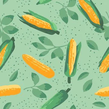 Vector summer pattern with sweet corns, flowers and leaves. Seamless texture  Stock Illustration