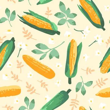 Vector summer pattern with sweet corns, flowers and leaves. Seamless texture  Stock Illustration