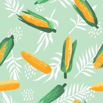 Vector summer pattern with sweet corns, flowers and leaves. Seamless texture Stock Illustration