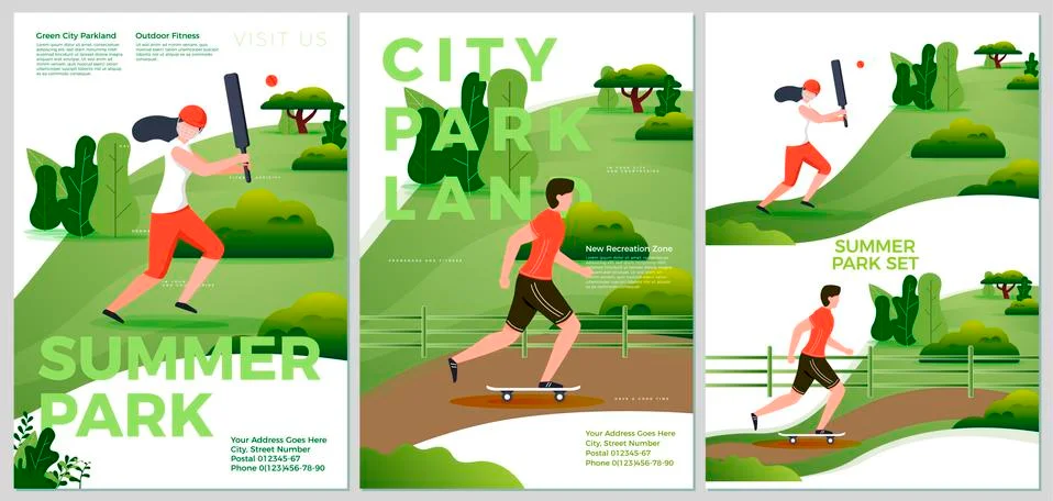 Vector summer posters set - natural parkland activities. Forests, trees Stock Illustration