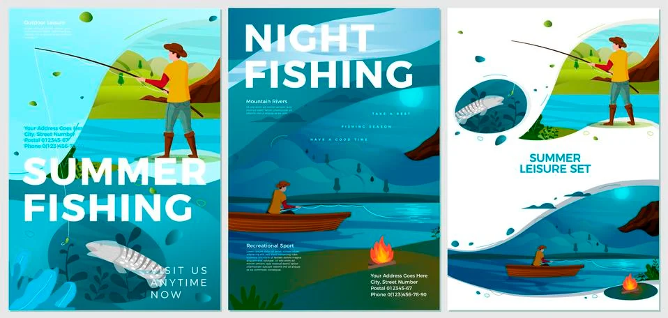 Vector summer posters set - river fishing activities. Forests, trees Stock Illustration