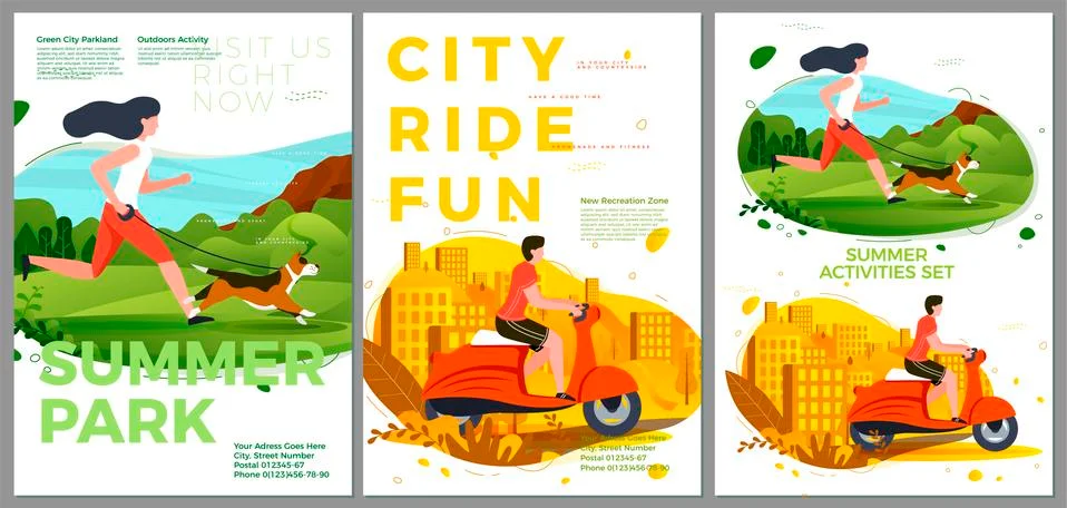 Vector summer posters set - running and riding activities. Forests, trees Stock Illustration