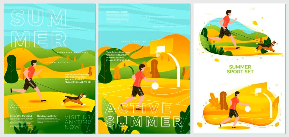 Vector summer posters set - running with dog in park, and basketball player. Stock Illustration