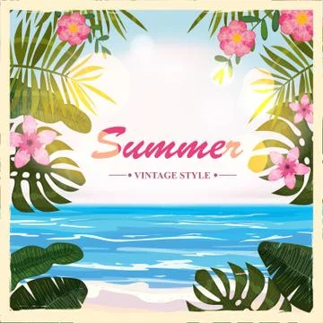 Vector summer retro poster background, flowers, beach, vector, illustrations Illustrazione stock