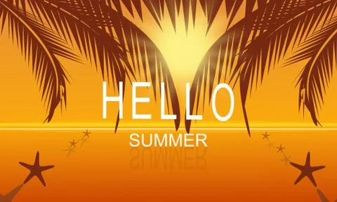 Vector summer on sea beach party poster background at sunset with hello summe Stock Illustration