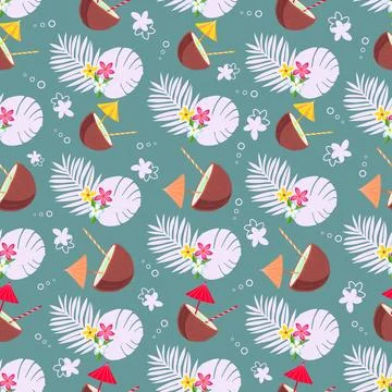 Vector summer seamless pattern with coconut cocktail, tropical leaves, flowers. Stock Illustration