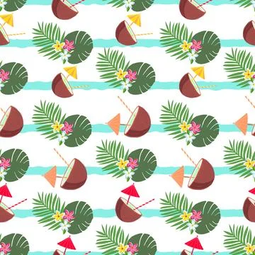 Vector summer seamless pattern with coconut cocktail, tropical leaves, flowers. Illustrazione stock
