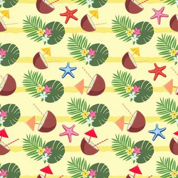 Vector summer seamless pattern with coconut cocktail, tropical leaves, flowers. Illustrazione stock