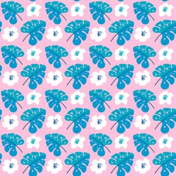 Vector summer seamless pattern with flat flowers and Tropical Leaves. Cute Stock Illustration