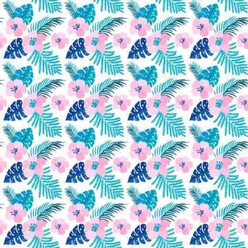 Vector summer seamless pattern with flat flowers and Tropical Leaves of Monstera Stock-Illustration