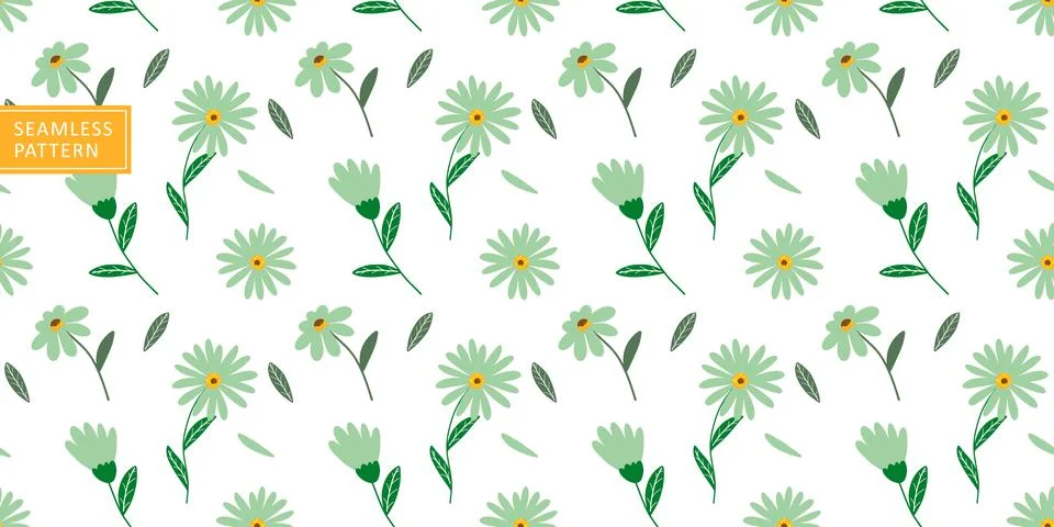 Vector summer seamless pattern with green daisies, branches, leaves Stock Illustration