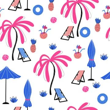 Vector summer seamless pattern with palm trees, fruits and drinks. Stock Illustration