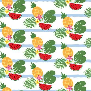 Vector summer seamless pattern with tropical leaves and fruits. Stock Illustration