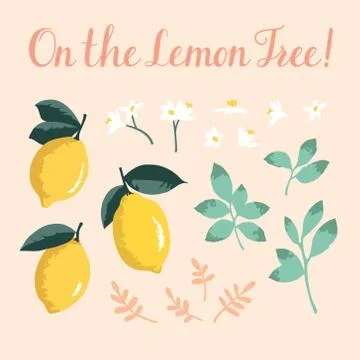 Vector summer set with lemons and flowers isolated on pink background Illustrazione stock