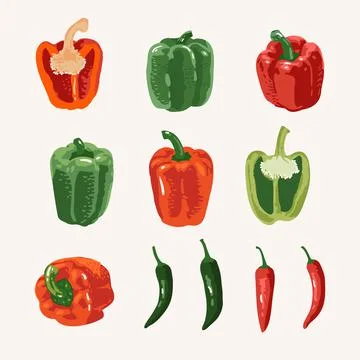 Vector summer set of sweet and hot peppers isolated on pink background Stock Illustration