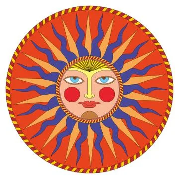 Vector summer sun in russian style, ornamental decoration. Stock Illustration