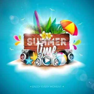 Vector Summer Time Holiday Illustration with Typography Letter and Vintage Wood Illustrazione stock