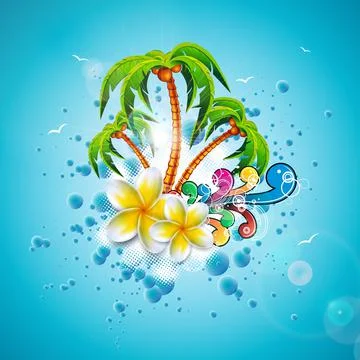 Vector Summer Time Holiday Illustration on Sky Blue Background. Tropical Plants Stock Illustration