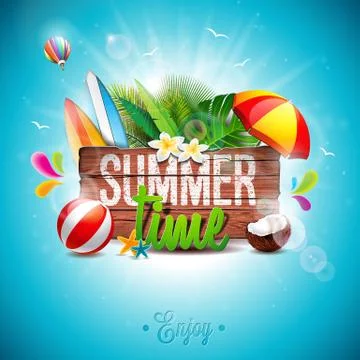 Vector Summer Time Holiday typographic illustration on vintage wood background. Stock Illustration