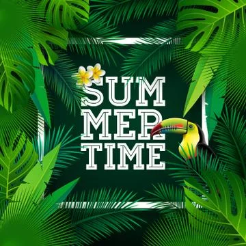 Vector Summer Time Holiday typographic illustration with toucan bird and flower Stock Illustration
