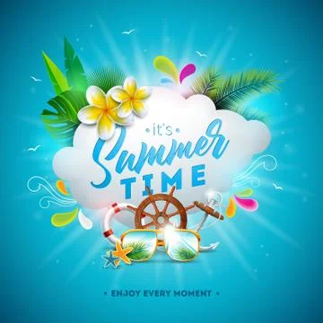 Vector Summer Time Illustration with Flower and Sunglasses on Ocean Blue Illustrazione stock