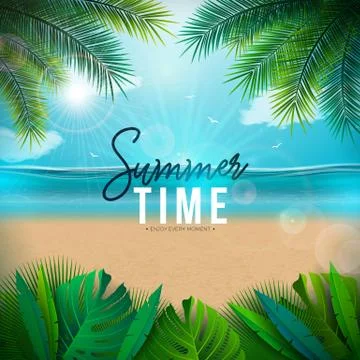 Vector Summer Time Illustration with Palm Leaves and Typography Letter on Blue Stock Illustration