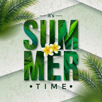Vector Summer Time Illustration with Typography Letter and Tropical Palm Leaves Stock Illustration