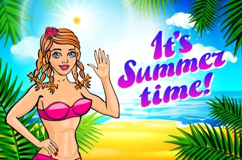 Vector summer time lettering and Woman on of the Sea Beach and Takes Sunbath. Stock Illustration