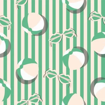 Vector summer topic stripe seamless pattern. beach ball and sunglasses motif Illustrazione stock