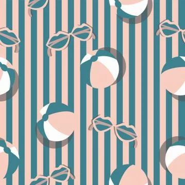 Vector summer topic stripe seamless pattern. beach ball and sunglasses motif Stock Illustration