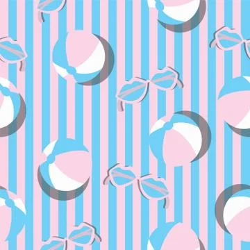 Vector summer topic stripe seamless pattern. beach ball and sunglasses motif 스톡 일러스트