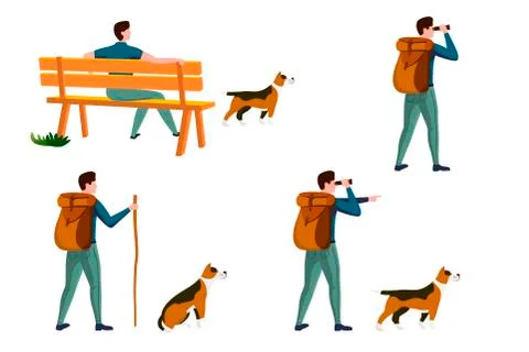 Vector summer travel activities set - man on a bench with dog, with backpack Stock Illustration