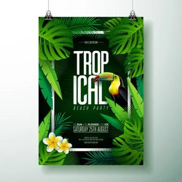 Vector Summer Tropical Beach Party Flyer Design with Toucan, Flower and Stock Illustration