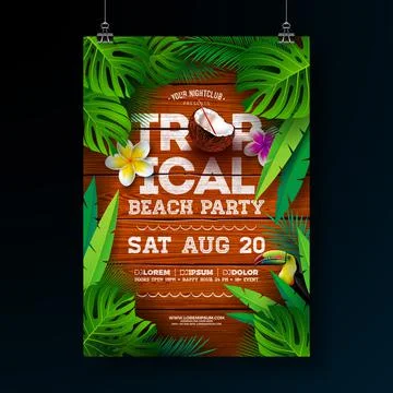 Vector Summer Tropical Beach Party Flyer Design with Flower and Palm Leaves on Stock Illustration