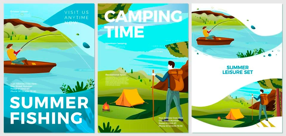 Vector summer typographic posters set - hiking and fishing people Stock Illustration